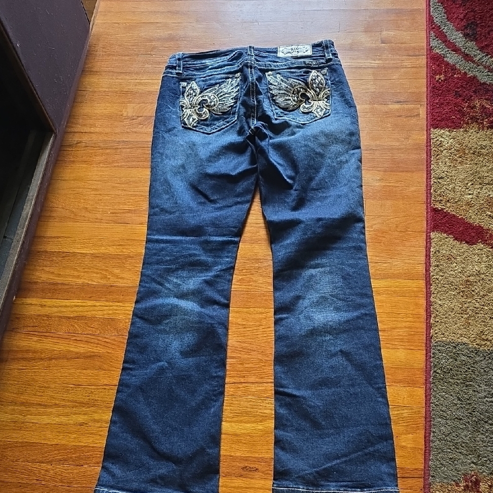 Miss Me Dark Blue Flare Jeans with Gold Embroidery